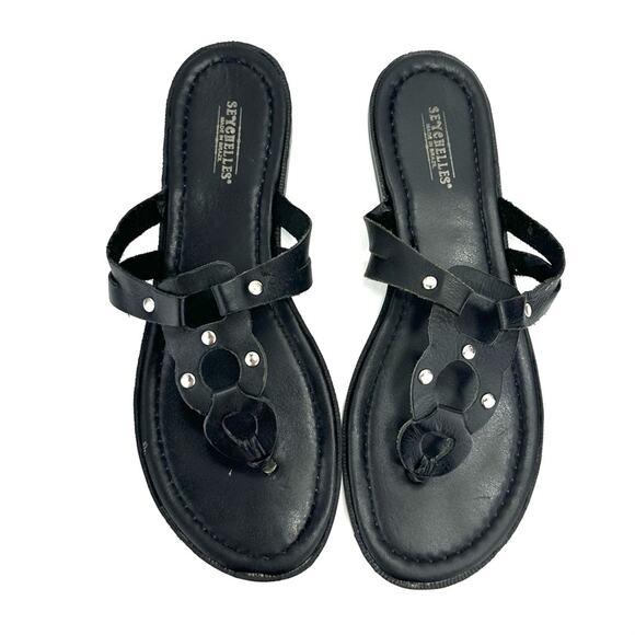 Seychelles Flat Sandal Size 9 Black Leather Thong-Toe T-Strap Flip Flop Padded - Picture 5 of 9